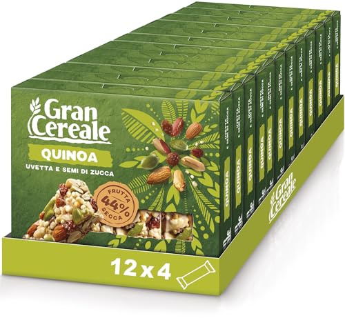 Gran Cereale, Snack Barrette con Frutta Secca, Uvetta, Semi di Zucca e Quinoa Soffiata - Colazione e Snack Dolce - 12 Confezioni da 4 Barrette