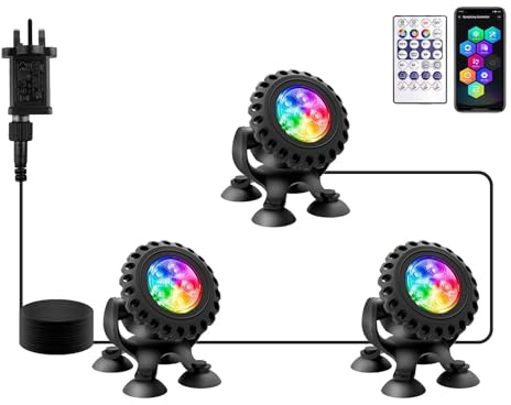 NATPOW Pond Lights, RGB Underwater Spotlights Mains Powered Aquarium Lights with APP&Remote Control, IP68 Waterproof Multicoloured Submersible for Aquarium Garden Yard Pool Fountain Pond (3-in-1)