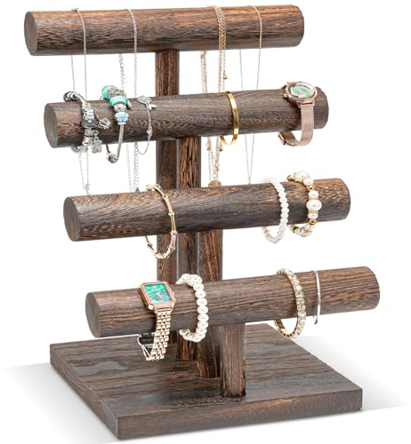 ProCase 4 Etagen T-Form Armbandhalter aus Holz, Abnehmbare Armband Halterung Schmuckhalter Armbänder Display, Vintage Armbandständer Uhrenständer Aufbewahrung für Armreifen Haarklammern Uhren -Braun