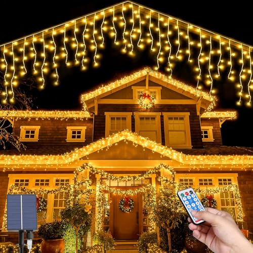 MXJFYY Luces de carámbano solar, 8M Impermeable Cortina de Luces, 44pcs*0.8M 264LEDs Cortina de Luces Solares 8 Modos Cadena de Luz con Control Remoto para Vacaciones Patio Jardín Boda