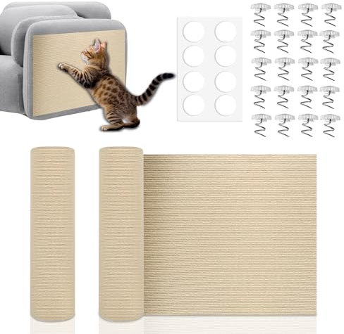 2 Stück Kratzmatte Katzen Selbstklebend Kratzteppich Katze Wand Kratzschutz Sofa Katze DIY Climbing Cat Scratcher für Wandmontage Geeignet Möbel Kratzschutz Tür mit 20 Sofaschnallen Khaki 40×100cm