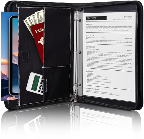 Antner Zipper Portfolio Binder Padfolio 3 Ring Binder 1 Inch Professional Faux Leather Document Organizer Folio for Tablet, Phone, and 8.5x11 Documents, Resumes, Presentation Folders for Men & Women