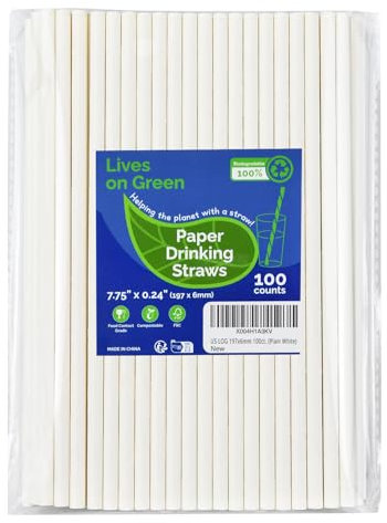 Lives on Green Pailles en papier jetables de 7,75 pouces, sans colorant, pour les cocktails, les jus de fruits, les boissons et le café - 100 pièces