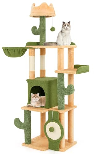 COSTWAY Rascador de Cactus, 160 cm, árbol para Gatos con Cueva para Gatos, Plataformas, Poste de sisal, Cesta, Tabla para rascar y Juguetes, Muebles para Gatos, Muebles para Gatos, árbol de Madera
