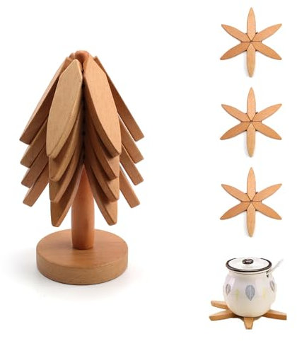 YFaith Dessous de Plat Bois, 4 Pièces Dessous Assiette, Forme d'arbre Créative Dessous Plat, Rétrécissement Automatique, avec Base de Rangement, pour Assiettes, Tasses, Pots