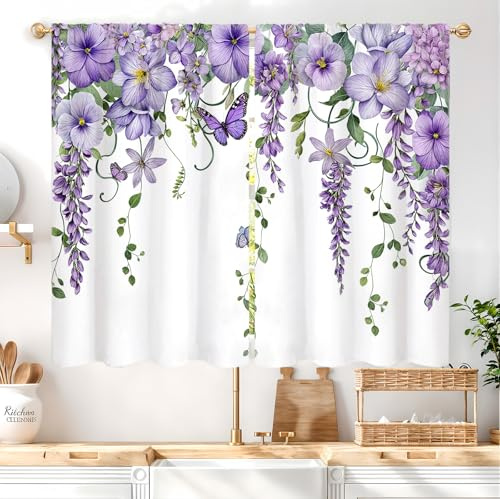 Vengaot Cortinas de cocina con diseño de mariposas y lavanda, color morado, con bolsillo para barra, primavera, lila, verano, para baño, niña, ventana, decoración (27.5 pulgadas de ancho x 39 pulgadas