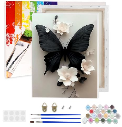 AIRDEA Papillon Peinture Numero Adulte, Fleur Blanche DIY Kit Activité Manuelle Peinture Acrylique, Peinture par Numero Adulte avec Pinceaux et Acryliques pour la Décoration Maison 30x40 cm (Encadrée)