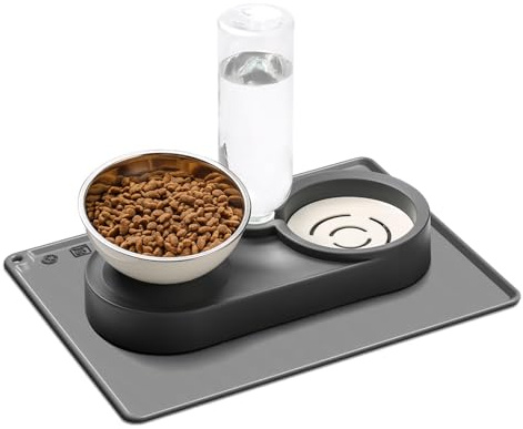 Marchul Ciotole Rialzate per Gatti con Supporto Inclinato di 15°, Ciotola in Acciaio Inossidabile con Bottiglia d'Acqua a Gravità da 500 ml, con Tappetino Antiscivolo in Silicone, Facile da Pulire