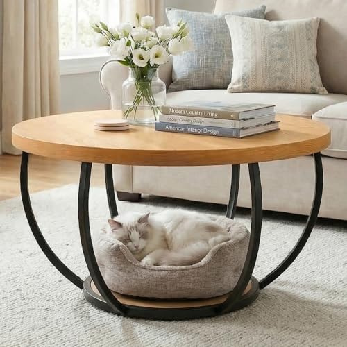 Cagnolier Runde Couchtisch, Wohnzimmertisch rund Ø80cm, Couchtische Rund mit Stauraum, 2-Tier-Kreis Couchtisch mit Lagerung Regale, Holztisch für Tisch Sofa, Wohnzimmer Möbel, Moderne Einfache Braune