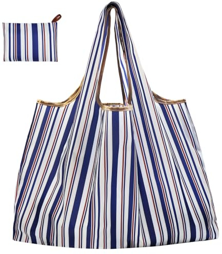 CHEESANHERR Foldable Reusable Shopping Bags, Large Folding Shopper Bag, Lightweight Tote Bag Grocery Bag, Washable Handbag Portable Pouch for Daily Use Shopping Travel, 53 X 66 cm (Blue Stripe)