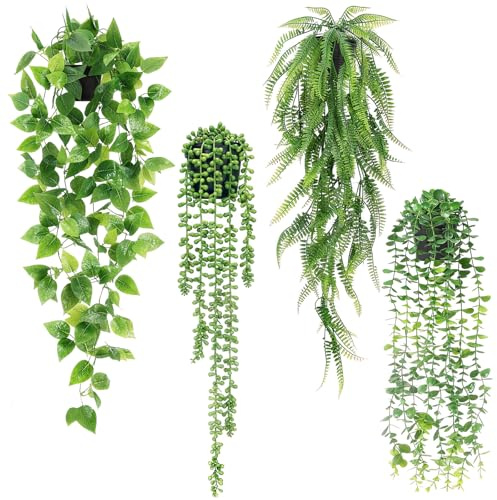 Freyeeti 4 Pcs Plantas Artificiales Colgantes con Maceta, Plantas Artificiales Decorativas, Plantas de Escalada Falsas, para Interior y Exterior, Salas de Estar, Decoraciones de Boda al Aire Libre