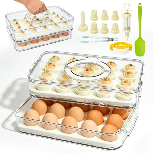 2-Layer Deviled Egg Containers with Lid & Handle | Easter Gifts for Kids | Easter Deviled Egg Tray Carrier for 40 Eggs | Clear Storage Devil Egg Platter for Party | Home Kitchen Gifts for Women