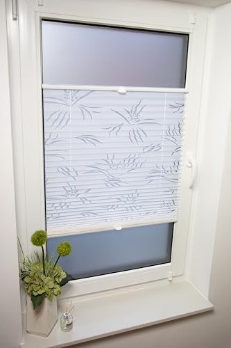 Klemmfix Plissee mit Ausbrenner-Stoff Palermo, ohne Bohren oder Schrauben, inkl. Klemmträger Breite: 75 cm/Länge: 130 cm, Farbe: weiß