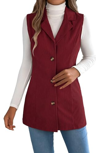 Generisch Gilet lungo da donna in velluto a coste doppiopetto con risvolti, elegante gilet termico con tasche, elegante blazer vintage, O rosso., S