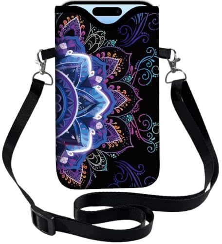 PRESSINART Funda para Teléfono Floral de Neopreno Manga para Celular Morada de Nailon Impermeable Bolsa para Celular con Correa Cruzada Cordón para el Cuello Cubierta Protectora para Llevar Se