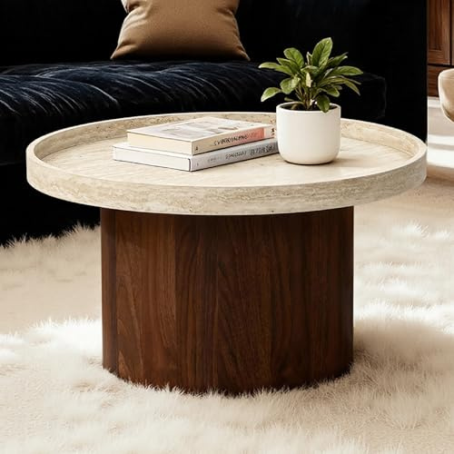 Hometopia Couchtisch rund in Travertin-Optik mit Tablettplatte, Runder Couchtisch im minimalistischen Design mit braunem Holzgestell, Moderner Wohnzimmertisch aus Holz für Wohnzimmer und Couchbereich