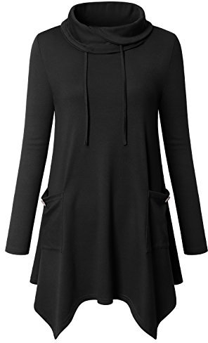 Amrto Damen Bluse Turtleneck Asymmetrische Saum Langarm Tops Lange Hemd Pullover Tunika mit Taschen, XXL, -schwarz