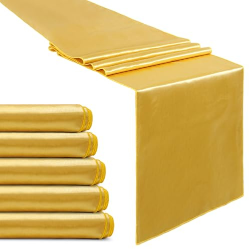 5 Pcs Satin Table Runners Gold 12x108 inch Bright Satin Silk Fabric