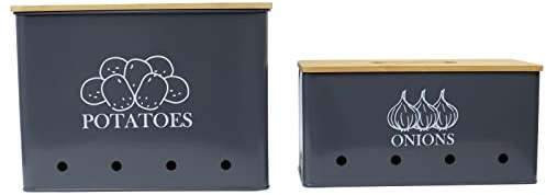 Xbopetda Potato Onion Storage Box, Food Container Sets, Storage Canisters for Vegeatables, Set of 2 Jars Pots Containers, Potato & Onion Bin with Aerating Tin Storage Holes & Wooden Lid-Gray