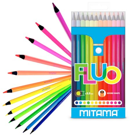 MITAMA - Pastelli Fluo - Confezione da 12 - Pastelli laccati Fluo - Mina con Tratto Grande 3,3 mm - Ideali per disegnare, evidenziare - Colori Scuola - Astuccio Scuola
