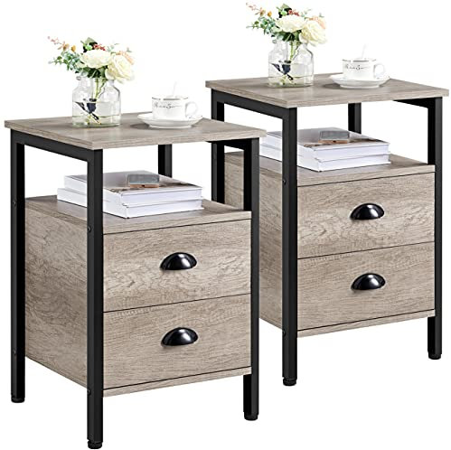Yaheetech 2pcs Mesitas de Noche con Dos Cajones Mesilla de Noche Metal Madera Mesa de Auxiliar de Estilo Industrial para el Salón Dormitorio Gris