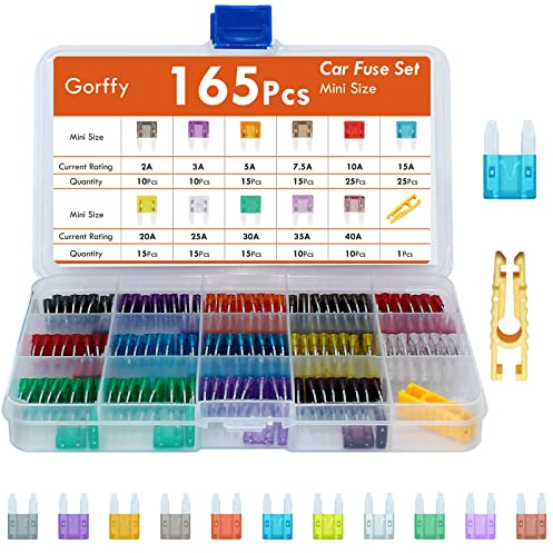 Gorffy Car Fuses Assorted, 165PCS Mini Blade Car Fuse with Storage Case | 2A 3A 5A 7.5A 10A 15A 20A 25A 30A 40A Multi-Amperage, Includes Fuse Extractor, for ATM/ATC/ATO Automotive Use
