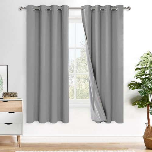 XWZO 100% Blackout Window Curtains - Thermal Insulated & Completely Room Darkening Black Liner Window Treatment with Tiebacks for Bedroom/Living Room, Light Grey, W52 x L63, Set of 2 Panels