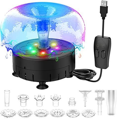AISITIN 2.5W USB Springbrunnen, Buntes LED Leuchten Brunnenpumpen Verstellbarer Vogelbad Brunnen mit 4.8M Kabel, Verschiedene Auswechselbare Düsen für Garten Fischteich Wasserspiel VogelBad, Schwarz