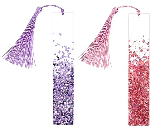 TIESOME 2pcs Glitzerpulver Lesezeichen, getrocknete Blumen Harz bookmark, handgefertigt transparenter Seitenmarker mit bunter Quaste für Erwachsene Frauen Teenager Kinder Geschenk (lila+rosa)