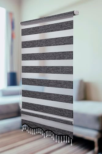 PlisseeOnline Doppelrollo Klemmfix ohne Bohren Anthrazit mit Perlen Duo Rollo für Fenster und Türen Plissee Rollo Gardine 90 x 150 cm Blickdicht Klemmrollo mit Perlen Seitenzugrollo