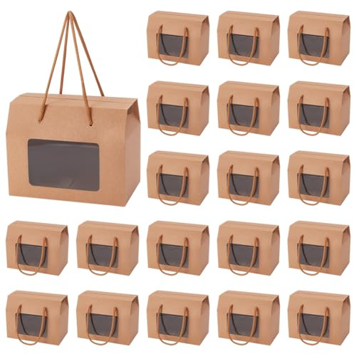 BENECREAT 20 Paquete de Bolsas de Caja de Regalo de Papel Kraft de 15x9x12cm, Caja de Galletas Burlywood Cupcakes con Ventana Transparente Y Asa para Embalaje, Fiesta, Regalos, Boda