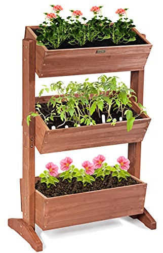 HOMASIS Plate-Bande Surélevée Jardinière en Bois à 3 Étages, Jardinière Surélevée Verticale Amovibles Hauteur et Inclinaison Ajustable，Escalier de Fleurs avec Trous de Drainage Intérieur et Extérieur