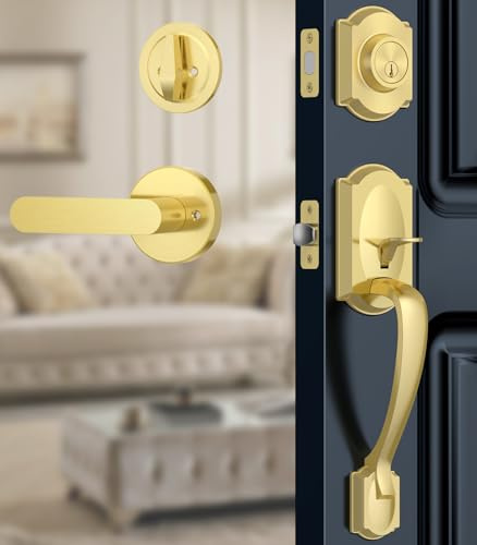 Calzibeno Front Door Lock Set, Gold Front Door Handle and Deadbolt Set, Vintage Exterior Door Lock Set, Front Door Handle with Single Cylinder, Reversible for Right & Left, Satin Brass