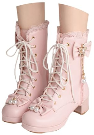 LDXEQIZ Women's Platform Ankle Boots With Block Heel 2024 New Ankle Boots With Bow + Ruffle Elegant Short Boots With Pearl + Rhinestone PU Leather Lace-up Biker Booties Casual Ankle Shoes(Pink,5 UK)
