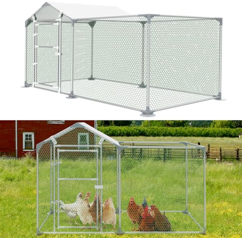 Aufun Utomhuskapsling hönshus utomhusinhägnad med lås, litet djurhall, kycklinghus, PVC-belagt skuggtak för husdjursbur, fågelbur, små djur, galvaniserad stålram (200 x 100 x 150 cm