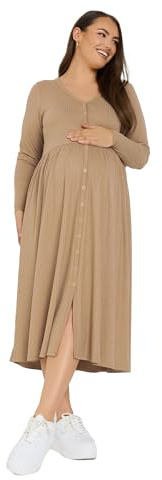 Yours Bump It Up Maternity Curve Brown Premium Ribbed Button Through Dress - Women's - Plus Size Curve