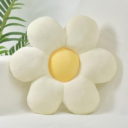 FSRONGXI Daisy Flower Pillow, Decorative White Throw Pillows, Cute Floor Cushions, Aesthetic Preppy Room Decor Cushion for Bed, Sofa, Chair 38cm (White & yellow)