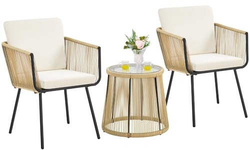 Abician Salon de Jardin Extérieur en Osier 2 Personnes Table et Chaise Ensembles 3 Pièces avec Fauteuils à Coussins Mobilier de Jardin pour Balcon, Terrasse Kaki/Crème