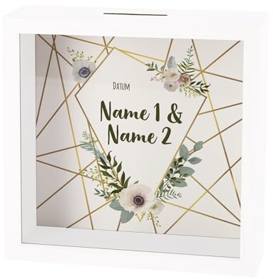 Herz & Heim® Personalisierter Bilderrahmen als Spardose mit Namen & Datum – Geschenk zur Hochzeit, Verlobung oder zum Valentinstag – Bilderrahmenspardose aus Holz & Glas (Hochzeit)