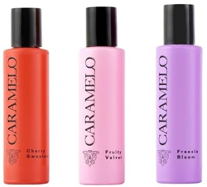CARAMELO - Promoción 3 x 30 ml, Fruity Velvet + Freesia Bloom + Cherry Sweetness, Colonia Mujer, Pack 3 Productos, Perfume Formato Spray, Eau de Toilette Natural y Femenina, Fragancia Fresca