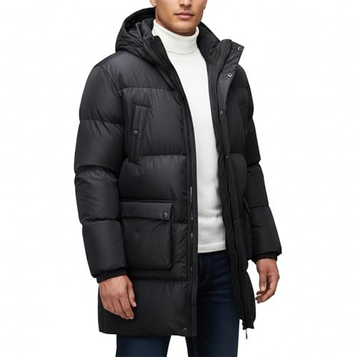 TONY BACKER by Y Chromosome Giacca da Uomo Piumino Lungo con Cappuccio Giubbotto Termico Casual Multitasche Materiale Sintetico Antivento (IT, Testo, L, Regular, Regular, NERO)
