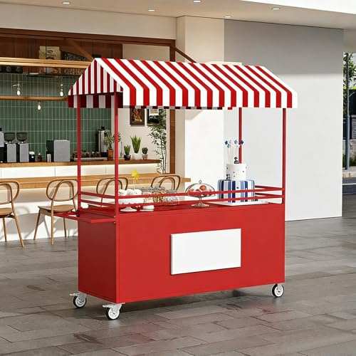 HARELA Carrito de Comida Callejero Carro de Venta Ambulante con toldo, Puestos ambulantes portátiles para Perritos Calientes/Salchichas/Pan, para ferias y promociones corporativas(Red,140cm/55.1in)