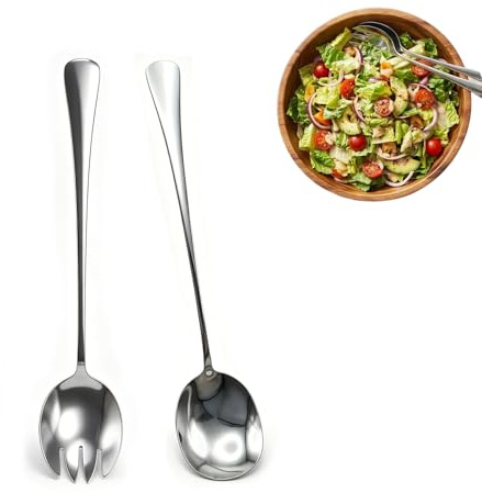 Zyrtkeriom Juego de 2 Cubiertos para Ensalada de Acero Inoxidable, 28 cm, Cucharas y Tenedores Grandes para Servir Ensaladas, Tenedores de Ensalada, Cucharas de Ensalada con Asas Ergonómicas