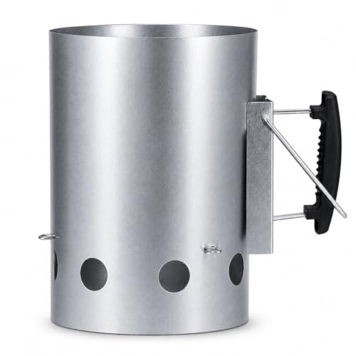 MIO TECK - 1 Accendifuoco BBQ in Acciaio XL - Camino Accenditore Carbone - ⌀19,5cm x 30,5cm - Avviatore Brace Rapido per Barbecue, Grigliata, Kettle | con Manico Ergonomico PP, 31cm, Resistente