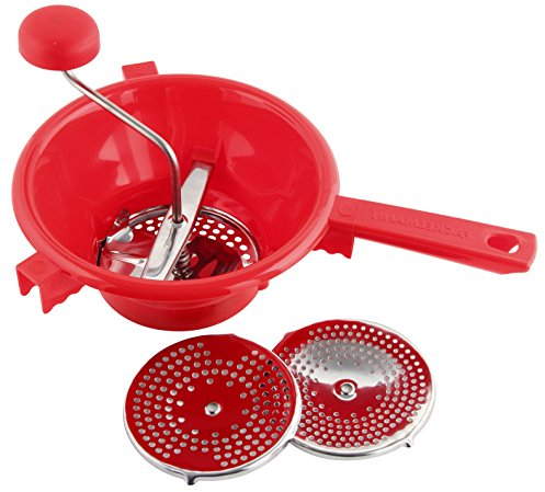 FACKELMANN 42408 Passiergerät, Passiermühle aus Edelstahl/Kunststoff, Passiersieb inkl. 3 Einsätze (Farbe: Silber/Rot), Menge: 1 Stück