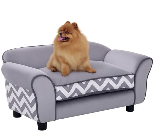 PawHut Pet Sofa Couch Dog Cat Wooden Sponge Sofa Bed Lounge Comfortable Luxury w/Cushion, Grey