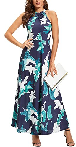 STYLEWORD Women's Floral Print Sleeveless Off Shoulder Elegant Summer Dress Halter Neck Maxi Long Dress (Floral 01,XL)