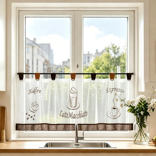 Joyswahl Sophie Brise Bise Rideau Voilage en Voile avec Pattes sans Percage Transparent Decor de Cuisine Salle à Manger Blanc Marron HxL 60x150cm 1 Pièce
