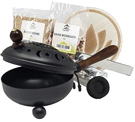 Räucherpfanne Set Stern 6 teilig - Räuchergefäß zum Räuchern von Weihrauch, Harzen, inkl. Weihrauch, Räucherkohle, Räuchersand, Räucherzange