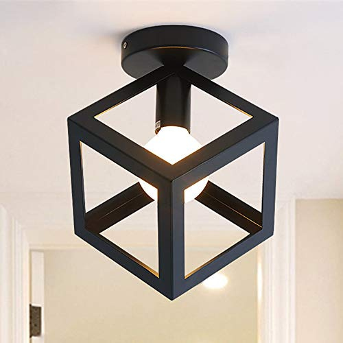 iDEGU Plafonnier Luminaire Moderne Lustre Forme Cage Lampe de Plafon Vintage Abat-jour de Style Géométrique en Métal E27 Éclairage pour Chambre Salon Restaurant, Forme de Cube,16CM, Noir